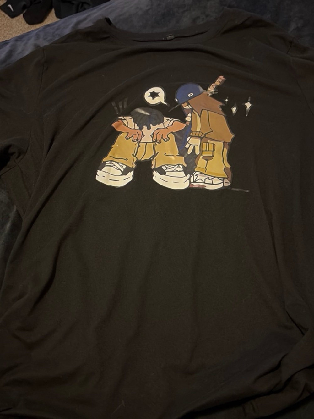 Black Graphic Tee with Cartoon Duo